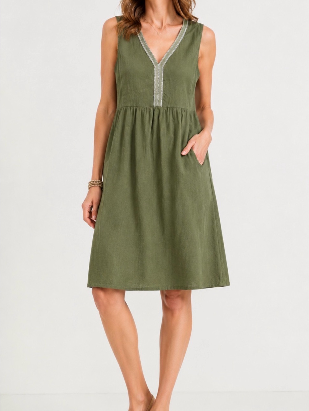 Terzo Millennio Made in Italy Olive Green Linen Blend dress Size L NWT